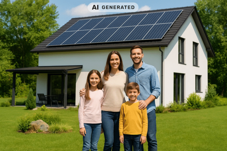 Eine glückliche Familie steht vor einem Einfamilienhaus mit Solarzellen auf dem Dach. KI-generiert.