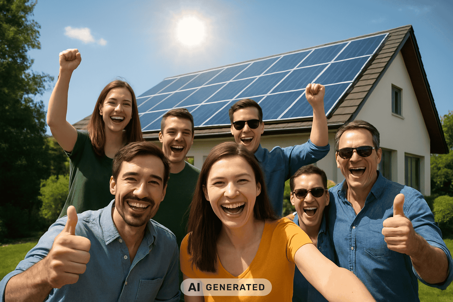 Eine Gruppe von fröhlichen Menschen, im Hintergrund steht ein Haus mit Solarzellen auf dem Dach. KI-generiert.
