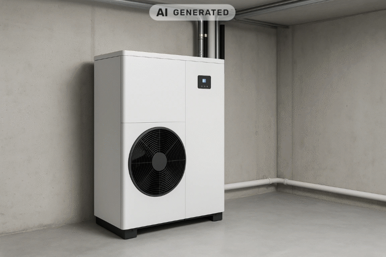 Ein Heizgerät steht im Keller eines Hauses. KI-generiert.